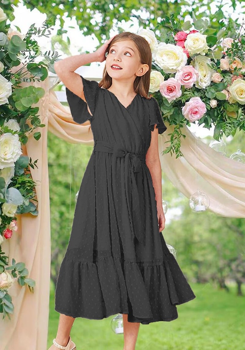 WIFFGO Girls Spring Dresses Bohemian Flying Cap Sleeve V Neck Belt Calf 2026 Long Maxi Pleated Flowy Dress for Girl Black - Image 3