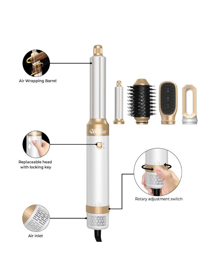 UKLISS 1000 Watt Hair Dryer Brush Ceramic Dryer And Styler 6 In 1 Professional white Hair Dryer & Styler with Hot Air Brush, Curling Wand, Diffuser Nozzles & Straightener Comb for Salon-Quality Styling at Home - Image 2