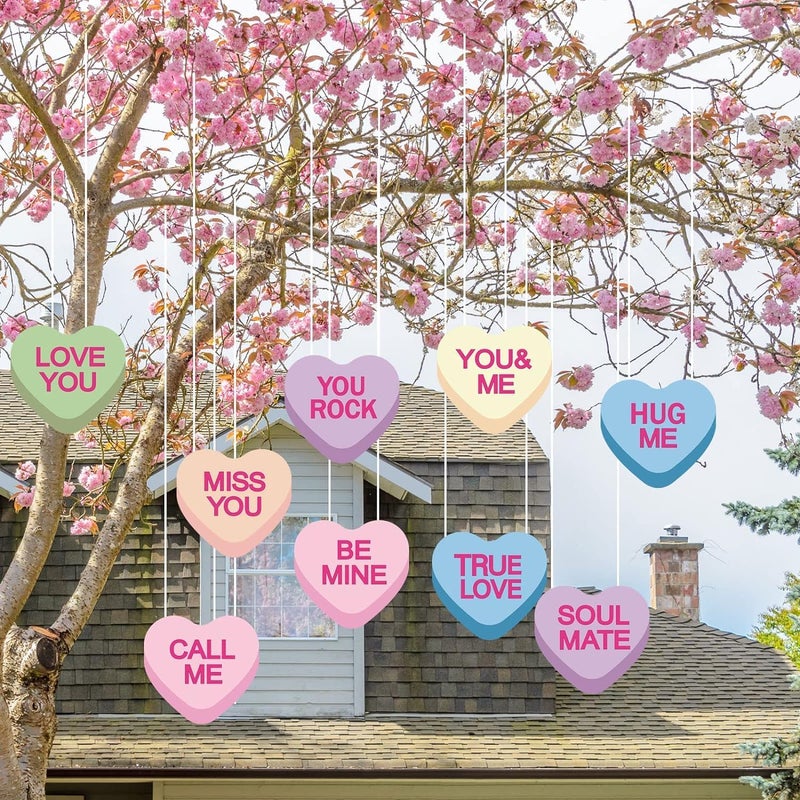 Whaline 18Pcs Valentines Day Colorful Hearts Lawn Hanging Ornaments Outdoor Conversation Heart Shaped Plastic Label Tag with String for Wedding Yard Sign Lawn Porch Tree Craft Gift Decoration