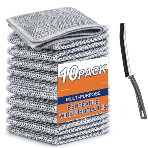 Nubilous 10 Pack Non-Scratch Wire Dishcloth & Gaps Cleaning Brush, Multipurpose Wire Dishwashing Rags for Wet and Dry, Easy Rinsing, Reusable, Wire Cleaning Cloth for Kitchen, Sinks (10 Cloth+1 Brush) - Image 1