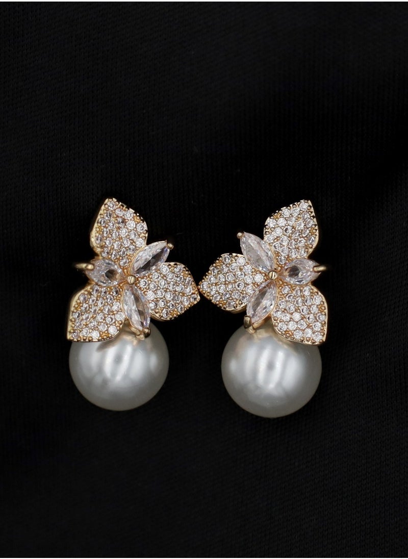 mjuhurat - Elegant Floral Pearl Drop Earrings with Cubic Zirconia – Gold-Tone Luxury Jewelry - Image 1