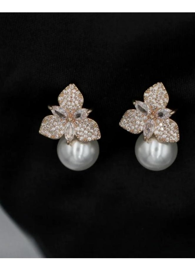 mjuhurat - Elegant Floral Pearl Drop Earrings with Cubic Zirconia – Gold-Tone Luxury Jewelry - Image 1
