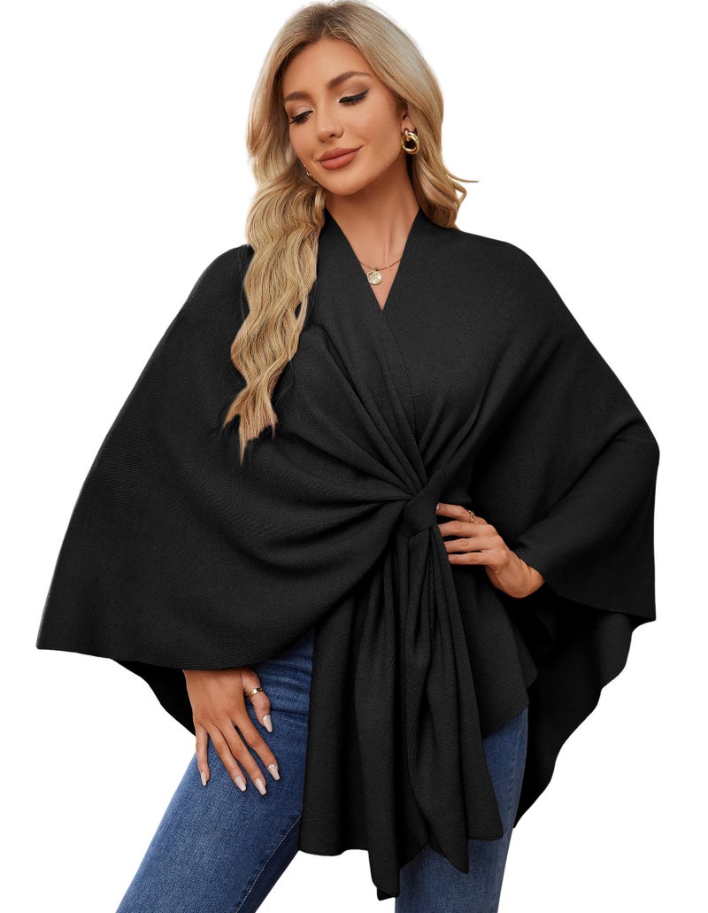 PULI Women's Elegant Shawl Wraps Soft Open Front Poncho Sweater for Spring Fall Winter Black - Image 1