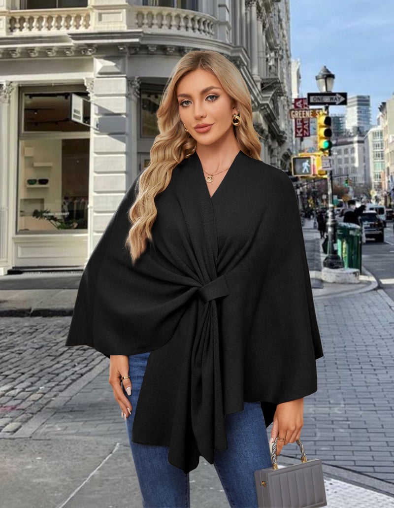 PULI Women's Elegant Shawl Wraps Soft Open Front Poncho Sweater for Spring Fall Winter Black - Image 2