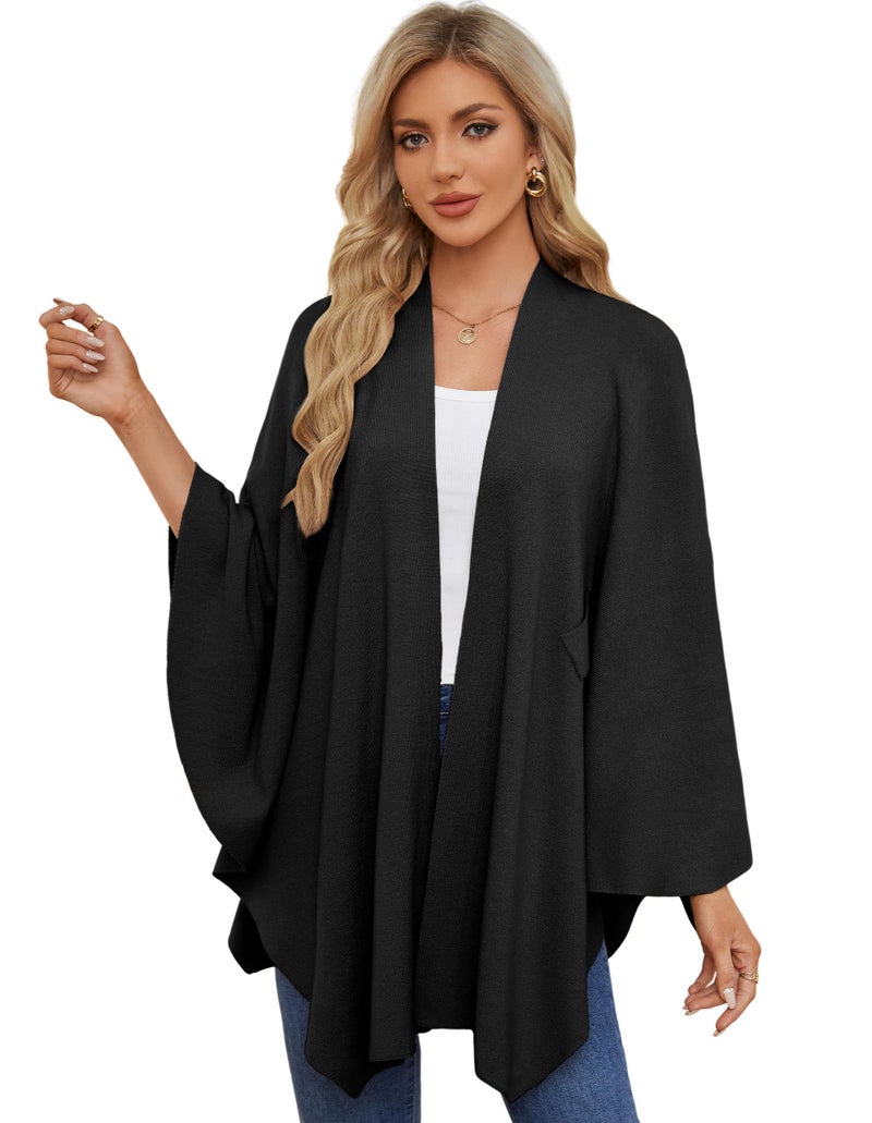 PULI Women's Elegant Shawl Wraps Soft Open Front Poncho Sweater for Spring Fall Winter Black - Image 3