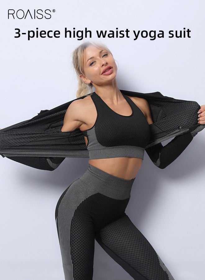 roaiss 3 PCS Gym Clothes for Women Tracksuit Womens Full Set Outfits Workout Joggers Yoga Sportswear Leggings and Stretch Sports Bra Jumpsuits Clothes Sets  - Image 5
