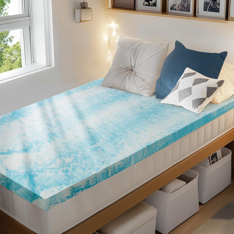 PERLECARE 2 Inch Twin Memory Foam Mattress Topper, Cooling Gel Infused Mattress Pad, Ventilated Bed Topper for Pressure Relief, Dorm Room Essentials, Blue - Image 1