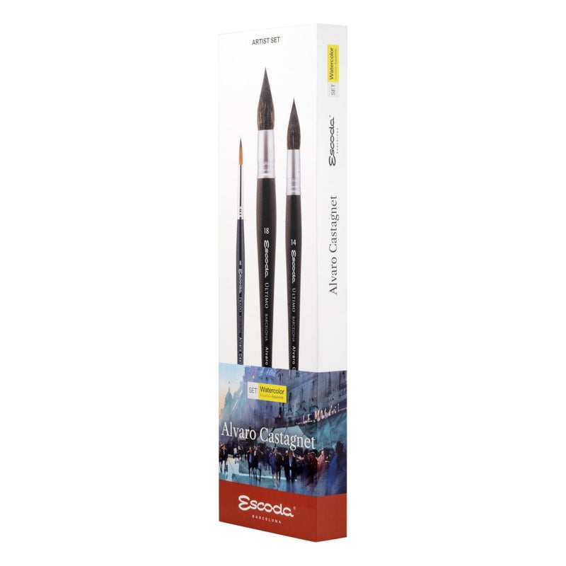 Escoda Signature Artist Watercolor Paint Brush Set, Alvaro Castagnet Set #2, Includes Ultimo (Synthetic Squirrel) Round Mop Sizes 14,18 and Prado (Synthetic Sable) Round Size 8 - Image 1