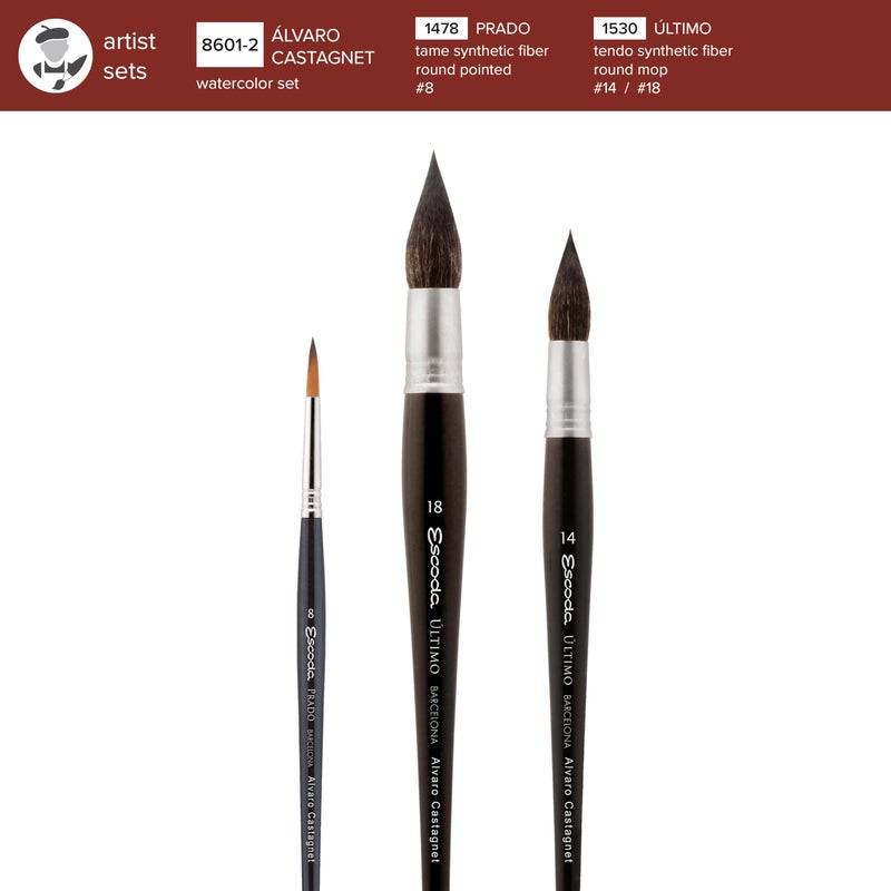 Escoda Signature Artist Watercolor Paint Brush Set, Alvaro Castagnet Set #2, Includes Ultimo (Synthetic Squirrel) Round Mop Sizes 14,18 and Prado (Synthetic Sable) Round Size 8 - Image 3