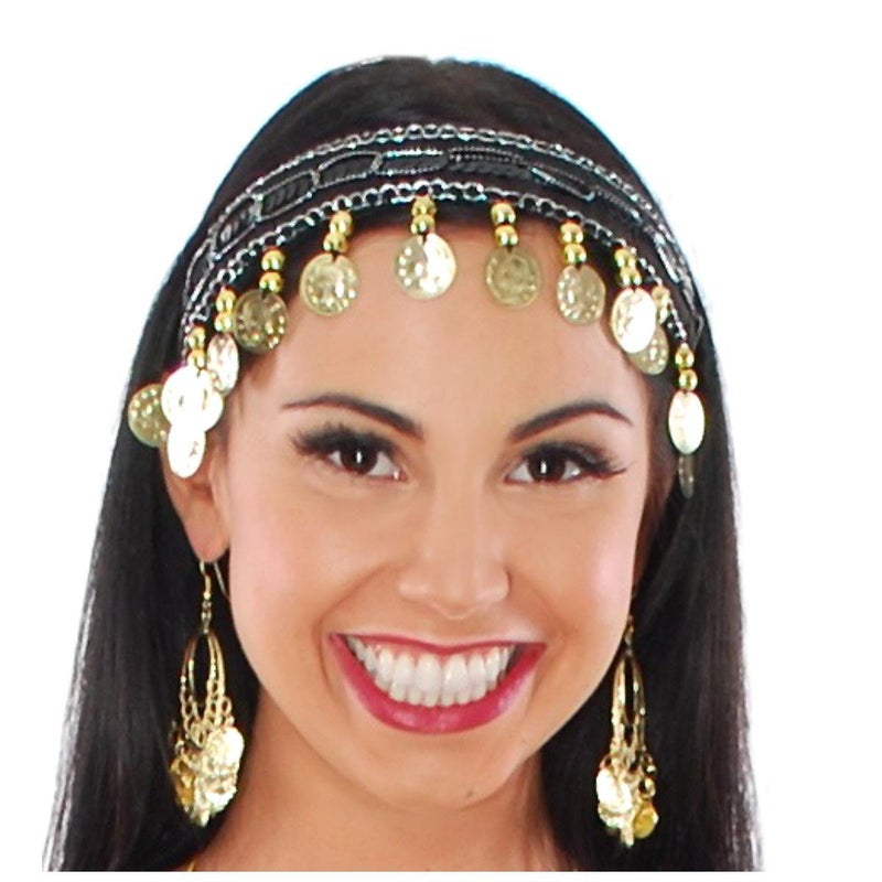 Vritraz Women's Chiffon Belly Dance Hip Scarf Waistband with Headband and Cuff Braclet, Colors Beads and Golded Coins - Image 4