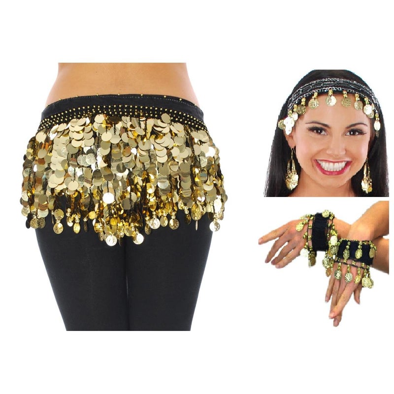 Vritraz Women's Chiffon Belly Dance Hip Scarf Waistband with Headband and Cuff Braclet, Colors Beads and Golded Coins - Image 1