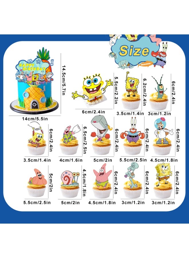 ILovhaprty Spongebob Squarepants Cake Decorations, 14pcs Spongebob Cake Toppers Set - 1 Spongebob Cake Topper + 13 Spongebob Cupcake Toppers for Spongebob Birthday Decorations Supplies - Image 3