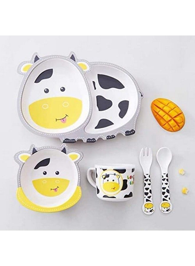 HS Enterprise Bamboo Baby Tableware Set Eco Friendly Bamboo Fiber Dinner Set For Weaning Toddlers;Kids Set Of Plate Bowl Cup Fork & Spoon;Baby Feeding Utensils For Kids & Toddlers (Cow Multicolor) - Image 3