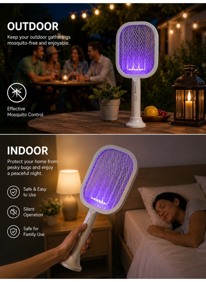 ZEROSPACE 2 In 1 Electric Mosquito Swatter with UV Lamp, Rechargeable Bug Zapper Racket with 3000V Electric Grid, 1200mAh Rechargeable Battery Type-C Charging & Stand Base, White - Image 3