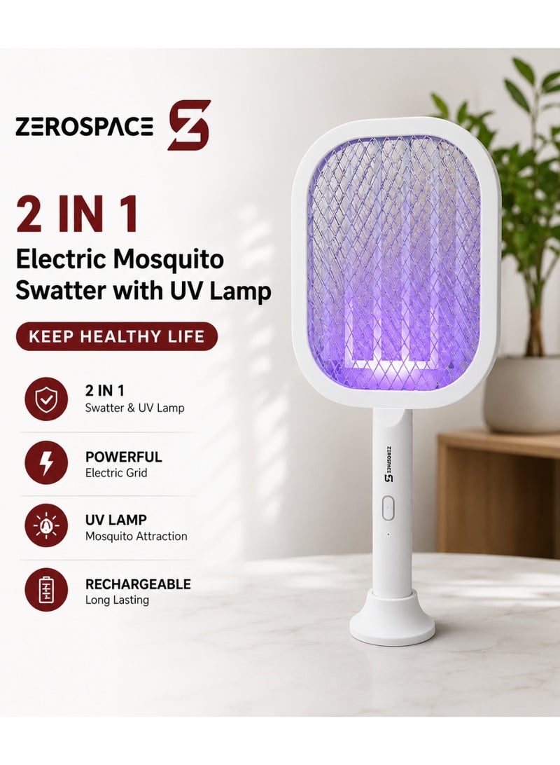 ZEROSPACE 2 In 1 Electric Mosquito Swatter with UV Lamp, Rechargeable Bug Zapper Racket with 3000V Electric Grid, 1200mAh Rechargeable Battery Type-C Charging & Stand Base, White - Image 1