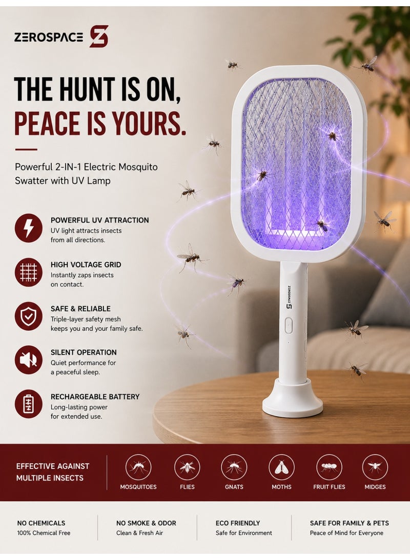 ZEROSPACE 2 In 1 Electric Mosquito Swatter with UV Lamp, Rechargeable Bug Zapper Racket with 3000V Electric Grid, 1200mAh Rechargeable Battery Type-C Charging & Stand Base, White - Image 2