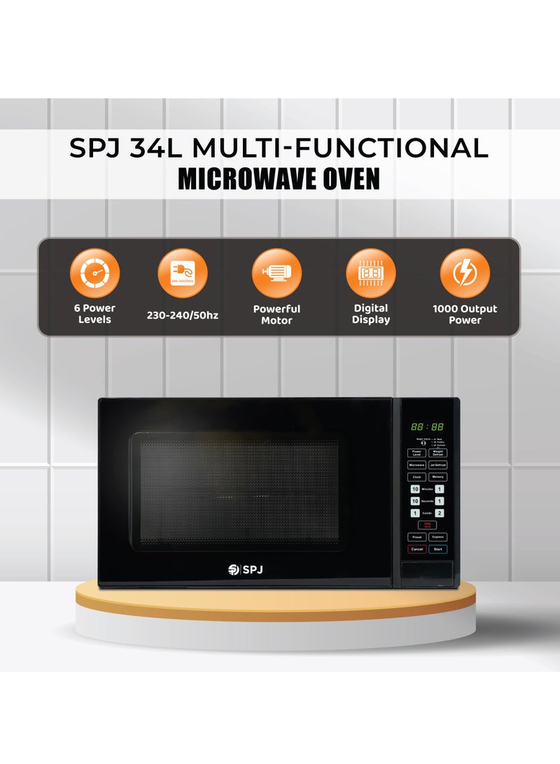 SPJ 34L Digital Microwave Oven with Grill, 1000W Microwave Power, 1300W Grill, 6 Power Levels, 99-Min Timer, Black, Cooking Reheating & Grilling Oven - Image 5