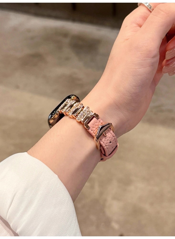 Irregular Diamond Studded Lychee Patterned Leather Watch Strap Pink Belt, Rose Gold Buckle, Strap Only Suitable For 46mm (10th Generation) - Image 5