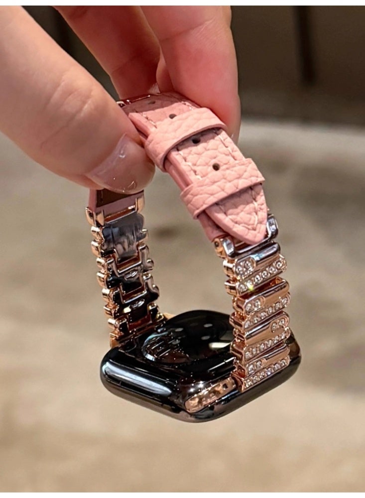 Irregular Diamond Studded Lychee Patterned Leather Watch Strap Pink Belt, Rose Gold Buckle, Strap Only Suitable For 46mm (10th Generation) - Image 1