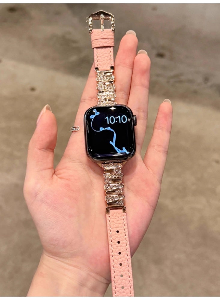 Irregular Diamond Studded Lychee Patterned Leather Watch Strap Pink Belt, Rose Gold Buckle, Strap Only Suitable For 46mm (10th Generation) - Image 2