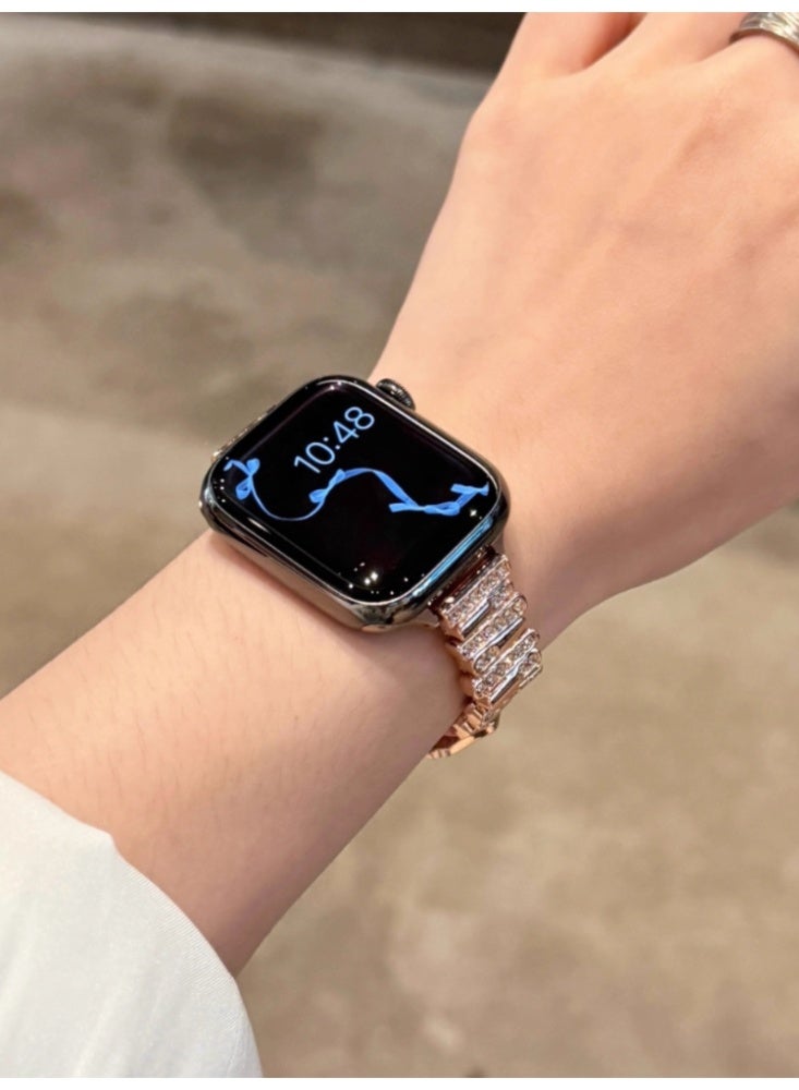 Irregular Diamond Studded Lychee Patterned Leather Watch Strap Pink Belt, Rose Gold Buckle, Strap Only Suitable For 46mm (10th Generation) - Image 3