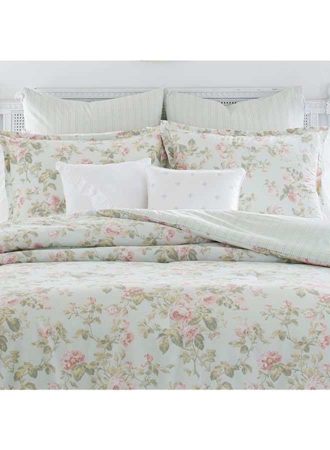 LAURA ASHLEY Home Queen Comforter Set Reversible Cotton Bedding Includes Matching Shams With Bonus Euro Shams And Throw Pillows Madelynn Pastel Blue Queen - Image 2