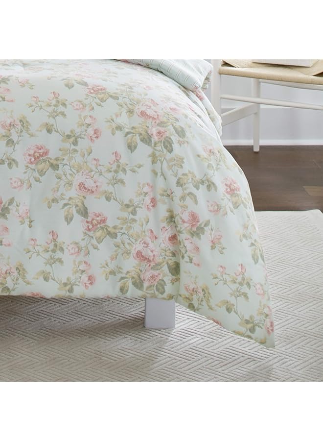 LAURA ASHLEY Home Queen Comforter Set Reversible Cotton Bedding Includes Matching Shams With Bonus Euro Shams And Throw Pillows Madelynn Pastel Blue Queen - Image 3