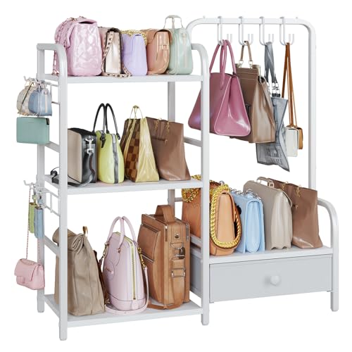 Nuoex Purse Organizer for Closet, with Bottom Drawer, Extra Large Capacity 3 Tier Handbag Storage Rack for Women, 10 Purse Hanger and Hooks for Bag Organizer, Floor-Standing, Home, Living Room (White) - Image 1