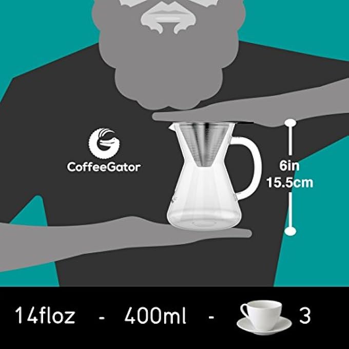 Coffee Gator Pour Over Brewer Set  Stainless Steel Filter Borosilicate Glass Carafe By 3 Cups 400Ml - Image 3