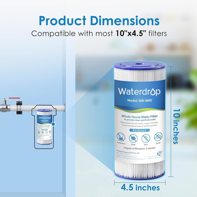 Waterdrop فلتر مياه كامل المنزل W50PEHD، بديل لـ American Plumber، W10-PR، Culligan® R50-BBSA، GE ®FXHSC، GXWH40L، GXWH35F، 5 ميكرون، 10" × 4.5"، فلاتر رمل عالية التدفق، عبوة من 3 - Image 4