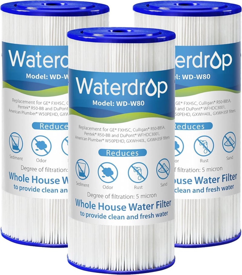 Waterdrop فلتر مياه كامل المنزل W50PEHD، بديل لـ American Plumber، W10-PR، Culligan® R50-BBSA، GE ®FXHSC، GXWH40L، GXWH35F، 5 ميكرون، 10" × 4.5"، فلاتر رمل عالية التدفق، عبوة من 3 - Image 1