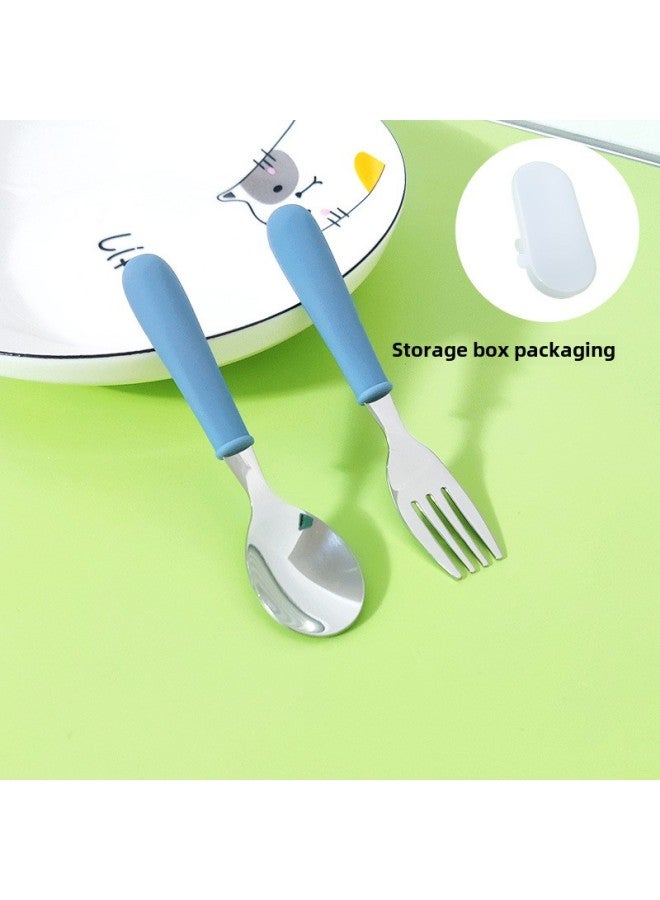 Silicone Children's Fork Spoon Suit Short Handle 304 Stainless Steel Tableware Portable Fork Spoon Two-piece Dessert Spoon Cake Spoon-Specifications:Gray Blue - Image 1