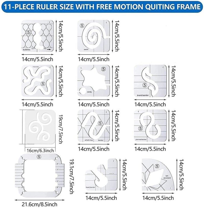 JFTOWN Free Motion Quilting Template Rulers 14 Set Quilting Ruler 3mm with Quilting Frame for Domestic Sewing Machine with Low Shank Ruler add 48pcs Non-Slip Grips 14 - Image 2