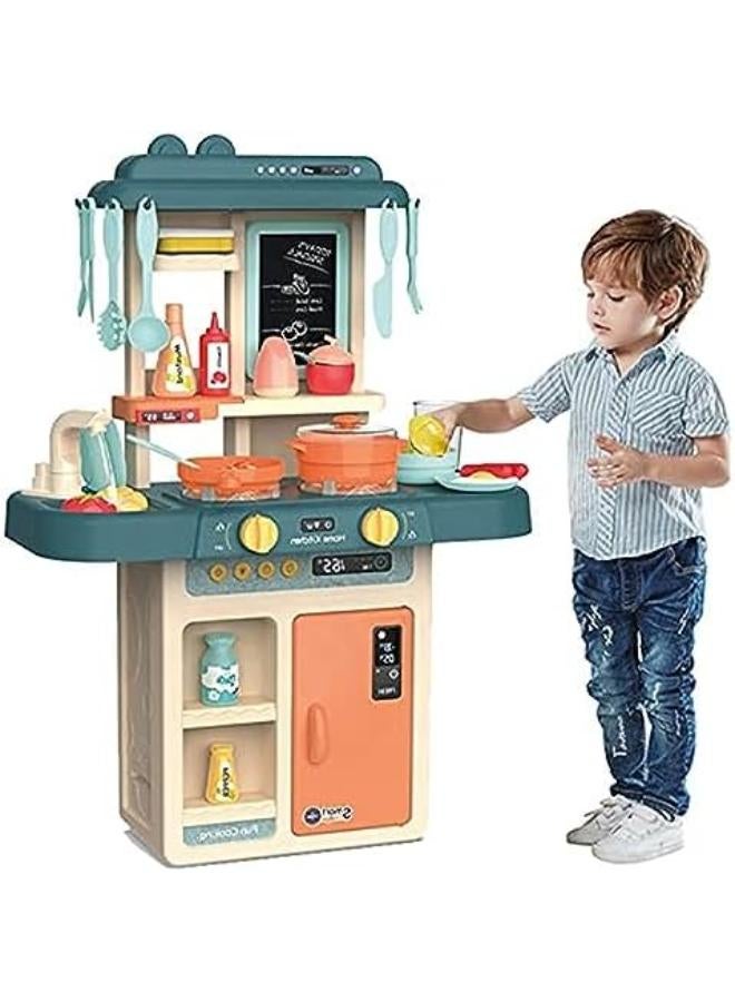 Lenosed Kids Play Kitchen, Simulation Toy Spray Water Tableware Kids Kitchen Toys, 42Pcs Cooking Set Fruit Vegetable Tea Playset Toy For Kids Early Age Development Educational Pretend Player BLUE