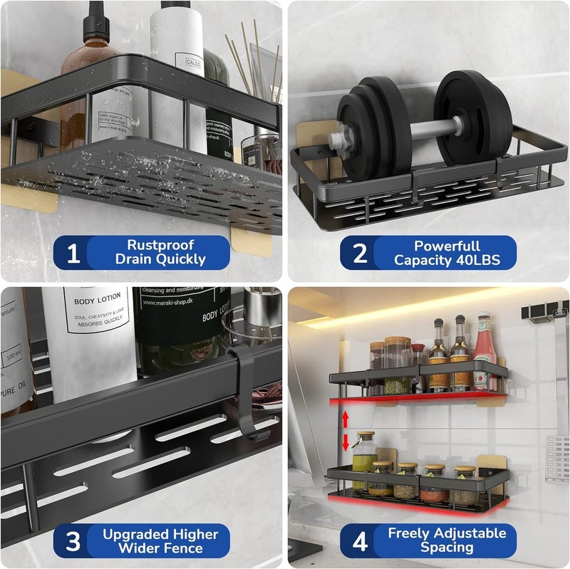 Shynora 2-Pack Multipurpose Bathroom & Kitchen Shelf Rack Wall Mounted Bathroom Shelf Rack for Space Saving Bathroom Organizer Shelf, Punch Free/No-Drill Wall Shelves, Wall Stand (Black) - Image 3