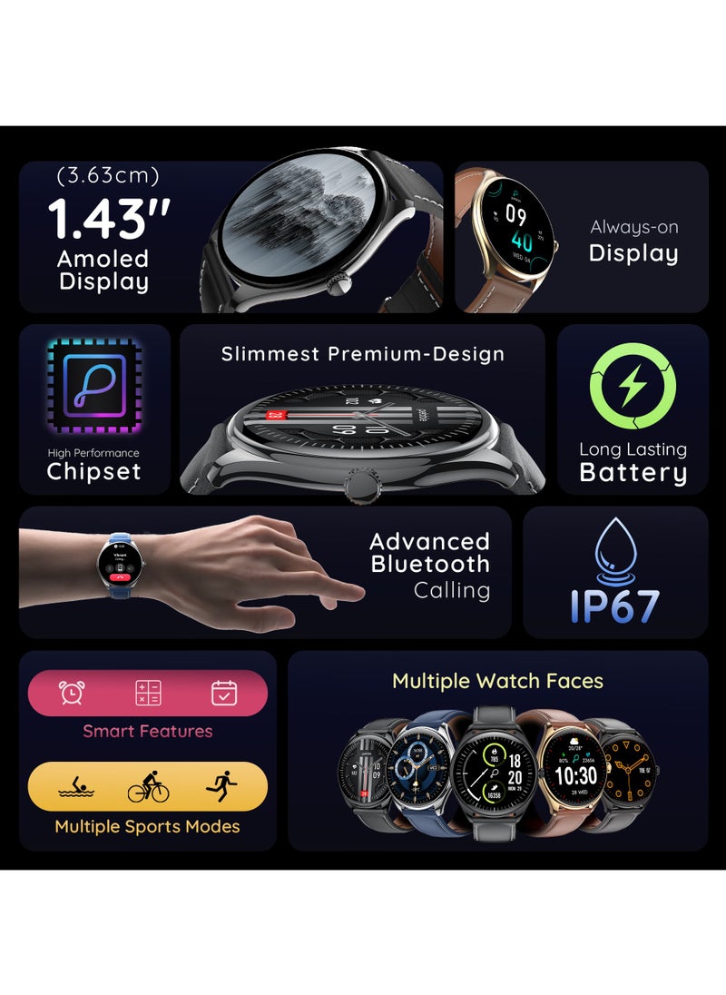 بيبل - ساعة Royale Legend Slimmest الذكية للرجال والنساء، شاشة AMOLED مقاس 1.43 بوصة، اتصال بلوتوث، تصميم مميز، شاشة تعمل دائمًا، وضع رياضي متعدد، جناح صحي، أزرق كوبالت - Image 1