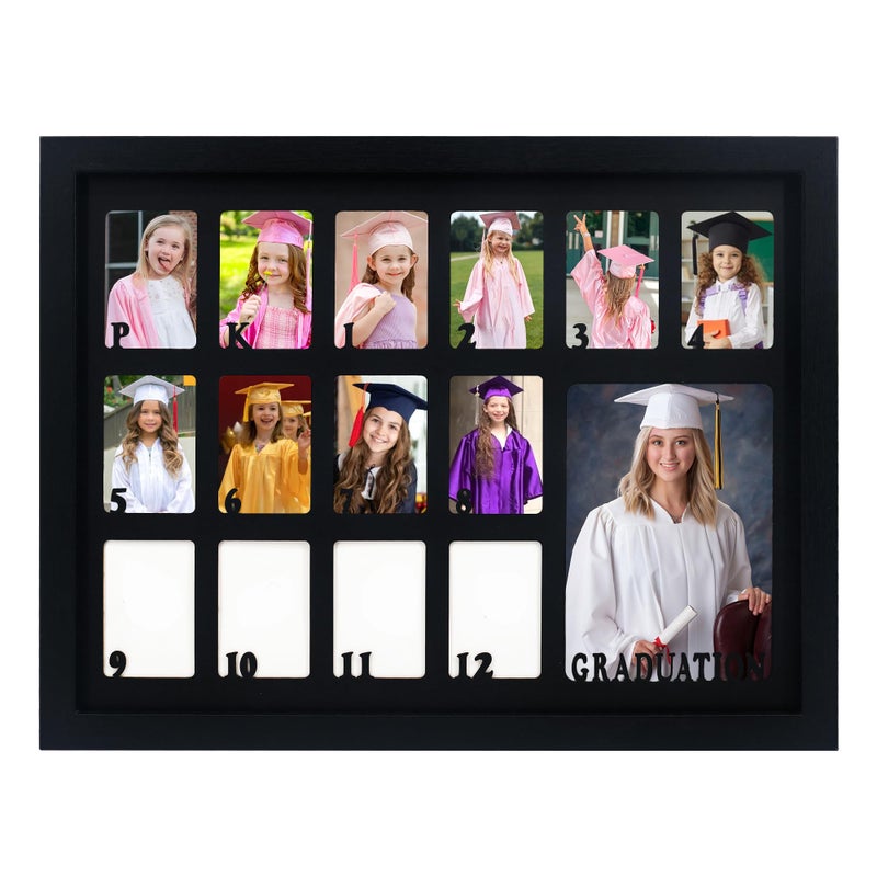 FramePro School Picture Frame Pre-K to 12 Graduation Photo Collage Black Frame with Mat, Displays One 5x7 Photo and Fourteen 3" Pictures,Graduation Gift Souvenirs - Image 1