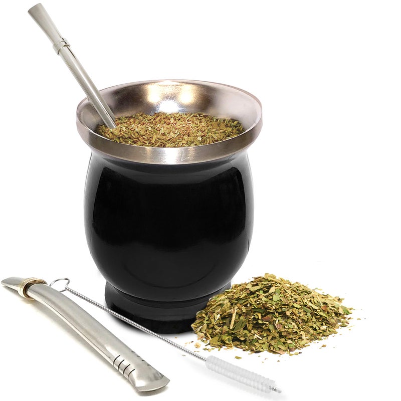 Norte Group Norte Yerba Mate Natural Gourd/Tea Cup Set (Original Traditional Mate Cup - 8 Ounces) | Includes 2 Bombillas (Yerba Mate Straws to Use) & Cleaning Brush | Stainless Steel | Double-Walled - Image 1