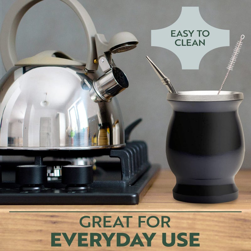 Norte Group Norte Yerba Mate Natural Gourd/Tea Cup Set (Original Traditional Mate Cup - 8 Ounces) | Includes 2 Bombillas (Yerba Mate Straws to Use) & Cleaning Brush | Stainless Steel | Double-Walled - Image 4