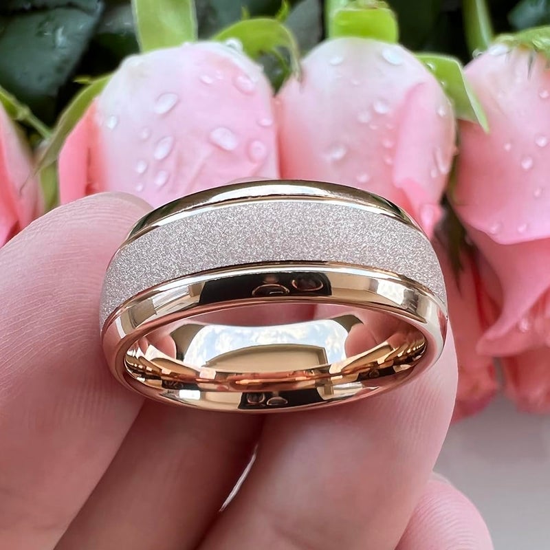TUTISS 8mm Rose Gold Sandblasted Tungsten Rings for Men Women Engagement Wedding Bands Fashion Jewelry Domed Comfort Fit Size 10.5 - Image 3