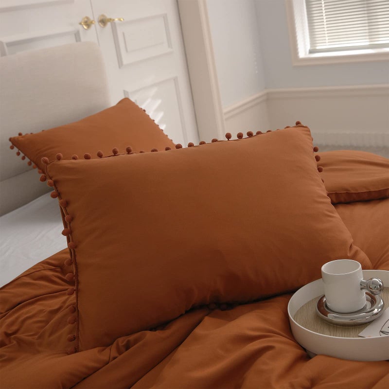 Burnt Orange Pom Poms Pillowcases King Pumpkin Pillowcases Set of 2 100 Soft Washed Microfiber Rust Caramel Ball Fringe Pillow Cover Set 2 Pack King Rust