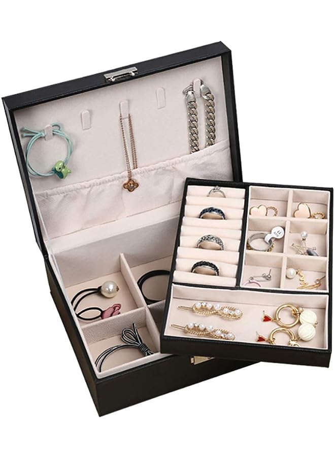 YumLock Box Organizer 2-Layer Jewelry Box PU Leather Jewelry Display Storage Case Gift for Women Girls (Black)  - Image 1