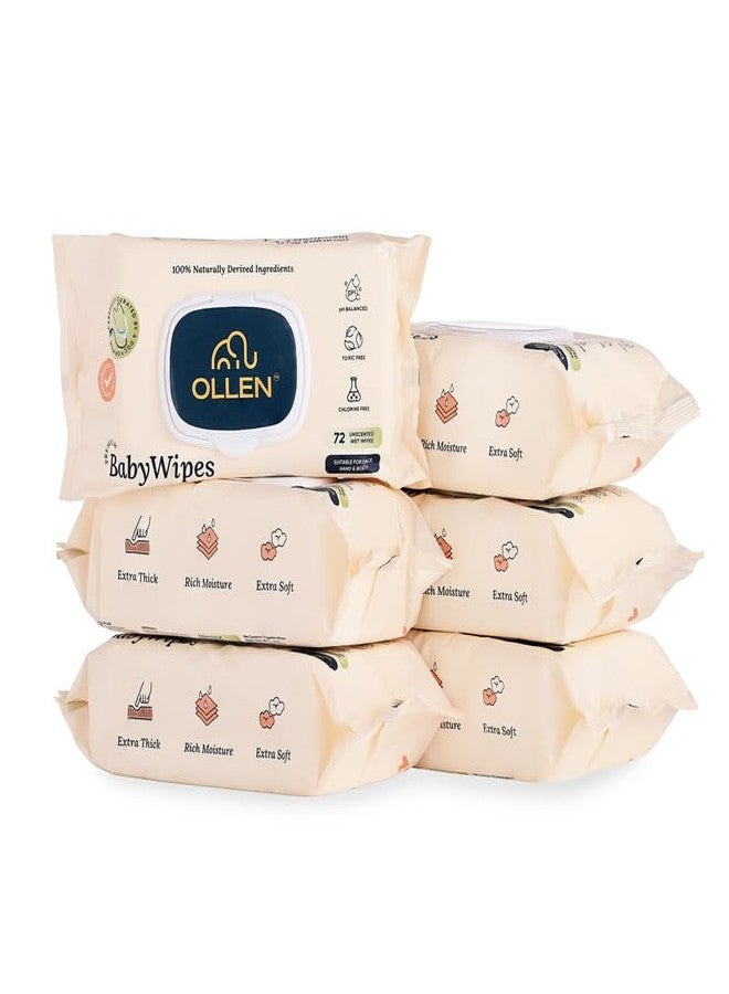 OLLEN Pure water Unscented Baby Wipes with lid- Safe, 100% Plant Made Fabric, Cotton Cloth Like Super thick, Dermatologically Tested- Natural Wet Wipes with Aloe vera & Chamomile (Pack of 6) - Image 1