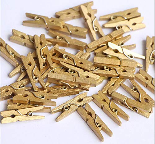 Ikammo 50Pcs Wood Gold Clothespins Mini Wooden Gold Clothes Pins For Photo Peg Pin Compatible Gift Wrapping  Picture Hanging  Arts&Crafts  Photo Display (Gold  3.5 * 0.7Cm)