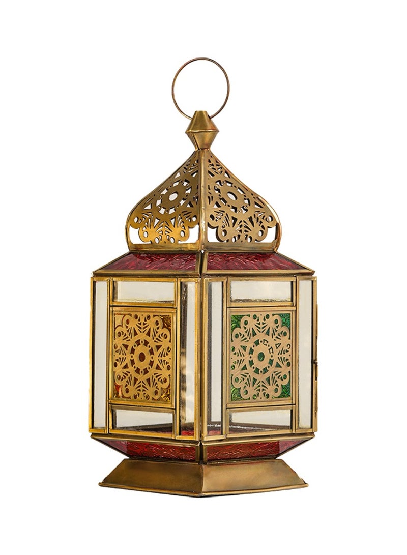 HilalFul Vintage Brass Antique Red, Green And Clear Glass Decorative Candle Holder Lantern | For Home Decor in Eid, Ramadan, Wedding | Living Room, Bedroom, Indoor, Outdoor Decoration | Moroccan - Image 1