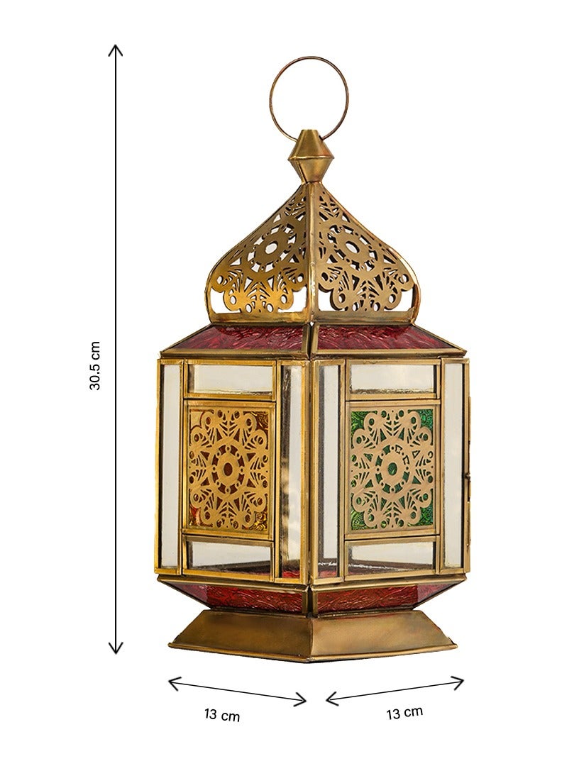 HilalFul Vintage Brass Antique Red, Green And Clear Glass Decorative Candle Holder Lantern | For Home Decor in Eid, Ramadan, Wedding | Living Room, Bedroom, Indoor, Outdoor Decoration | Moroccan - Image 2