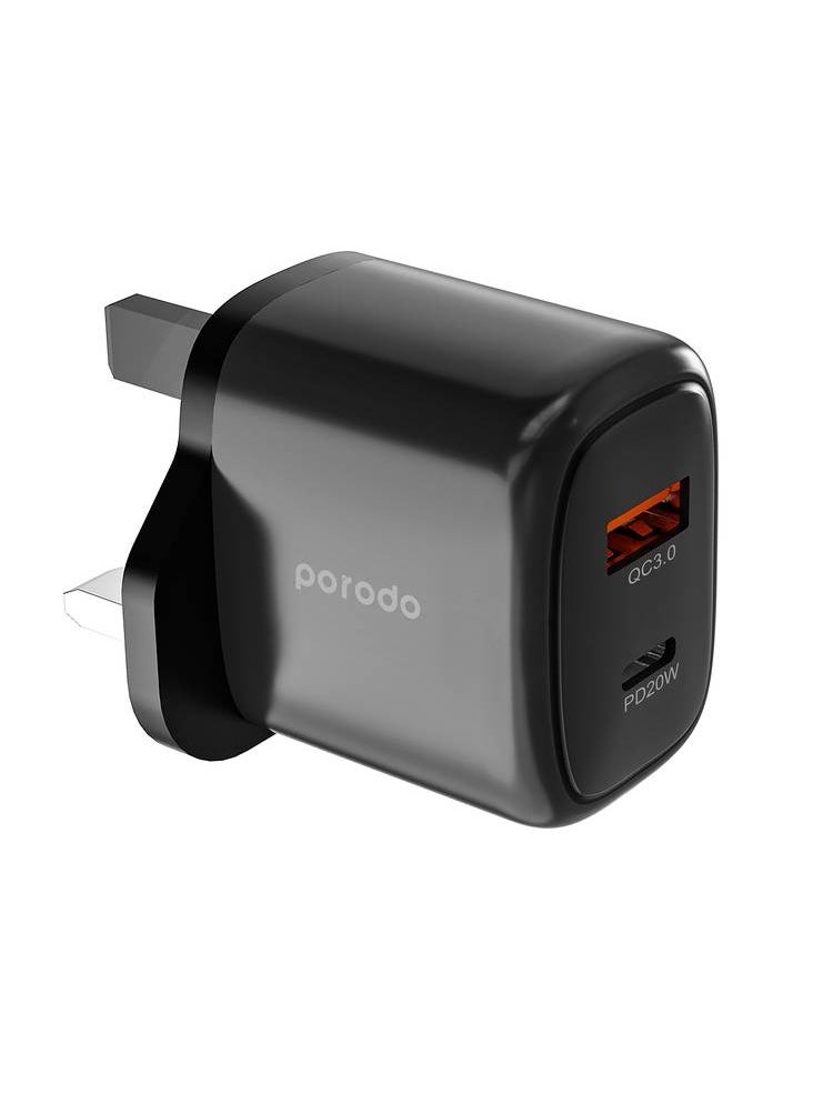 بورودو شاحن 20W+QC USB A+C المملكة المتحدة/شحن فعال/شحن متزامن/شحن متزامن/توافق عالمي - أسود  - Image 1