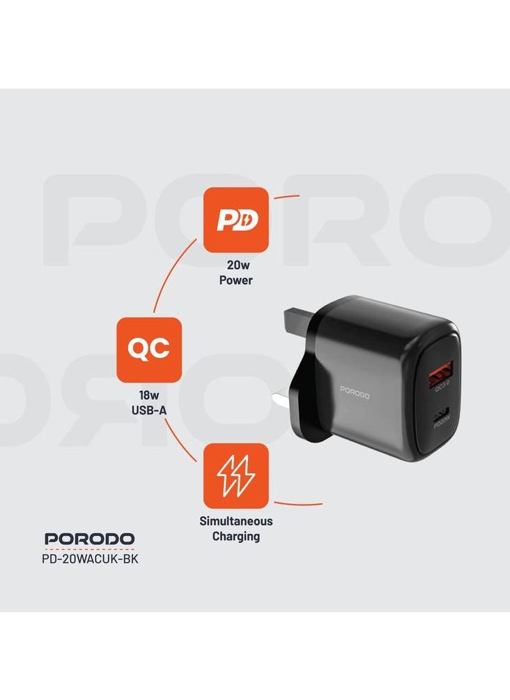 بورودو شاحن 20W+QC USB A+C المملكة المتحدة/شحن فعال/شحن متزامن/شحن متزامن/توافق عالمي - أسود  - Image 2