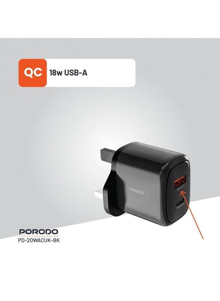 بورودو شاحن 20W+QC USB A+C المملكة المتحدة/شحن فعال/شحن متزامن/شحن متزامن/توافق عالمي - أسود  - Image 3