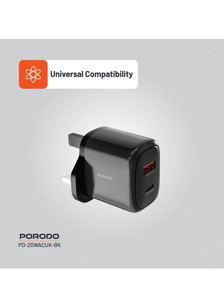 بورودو شاحن 20W+QC USB A+C المملكة المتحدة/شحن فعال/شحن متزامن/شحن متزامن/توافق عالمي - أسود  - Image 4